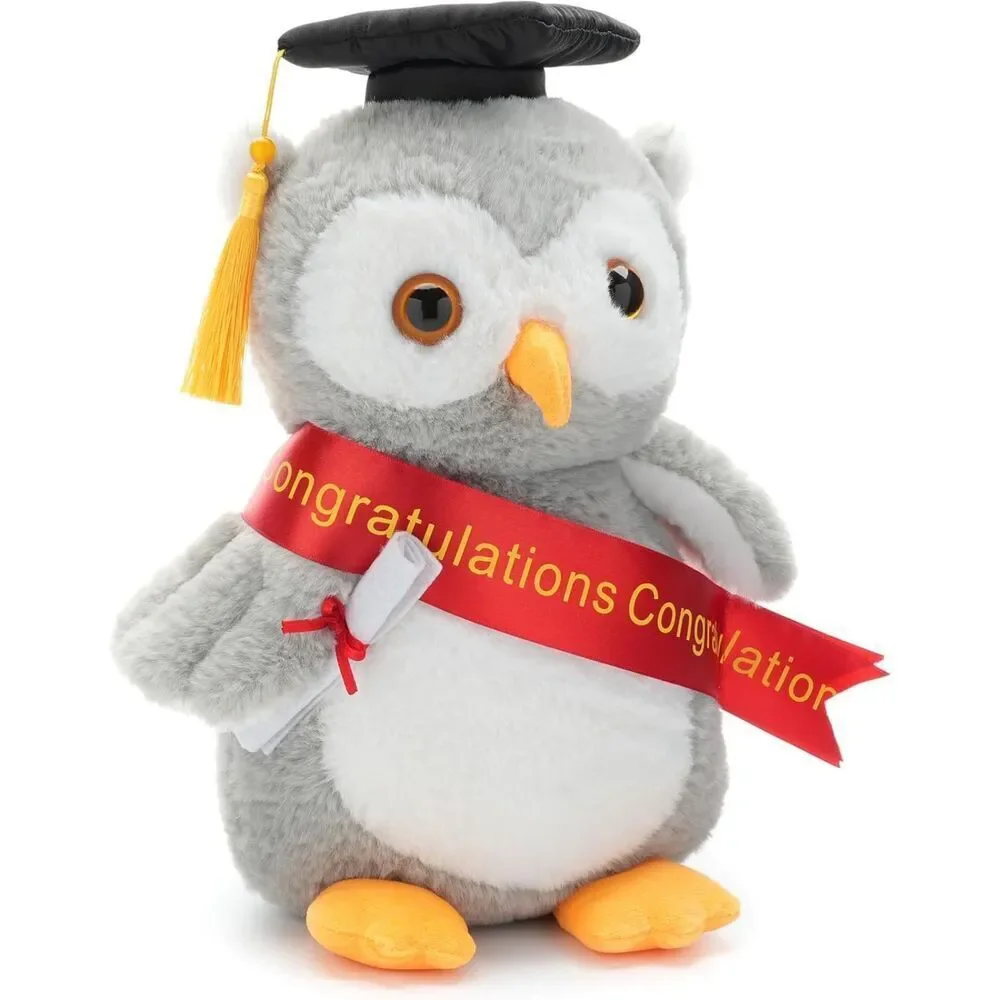 12 inches Velvet Gold Plush Owl Stuffed Animal with Graduation Doctoral Tam